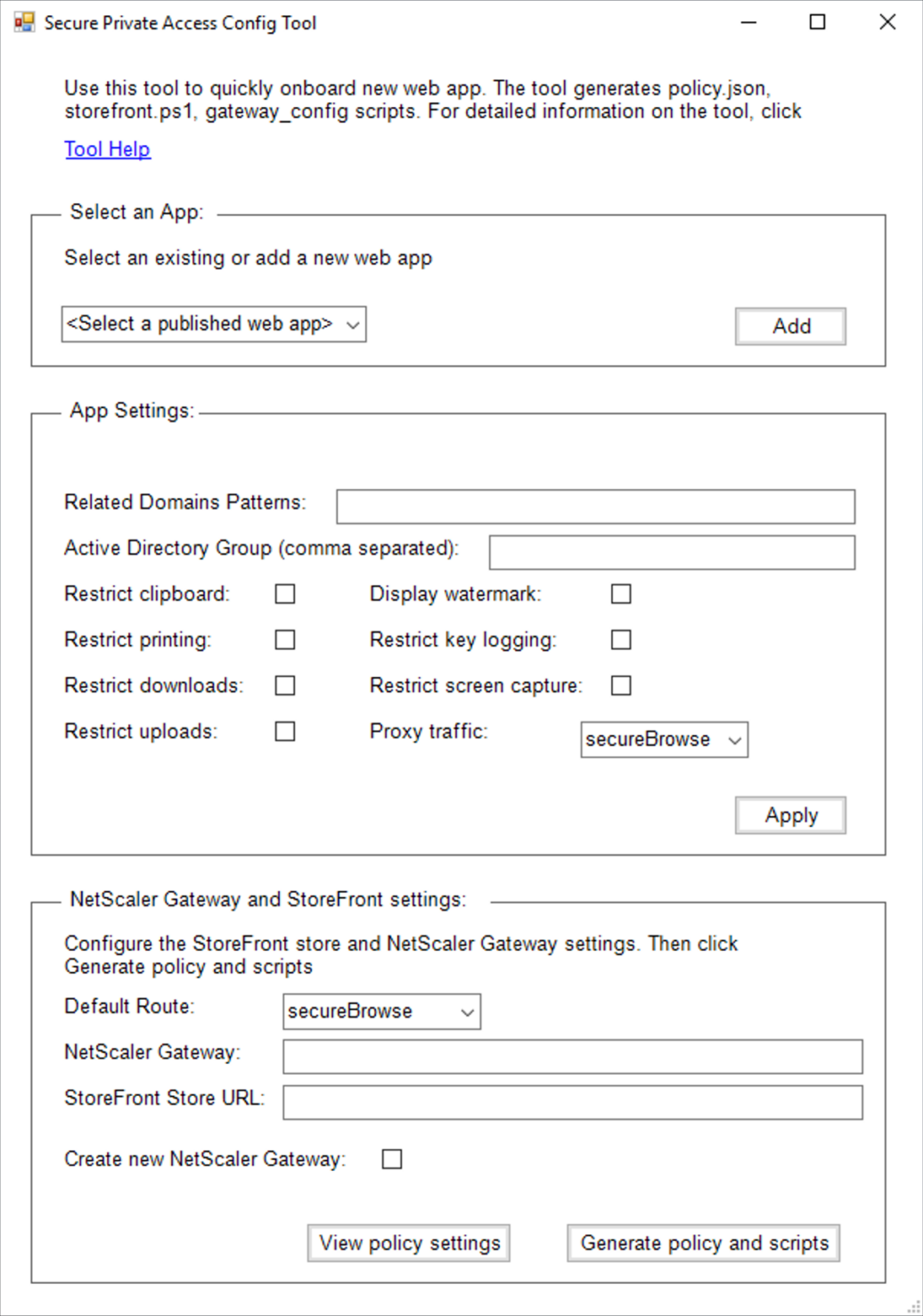 View of the newly available Citrix Secure Private Access on-prem admin configuration Tool and options, configurable on a per-app basis.