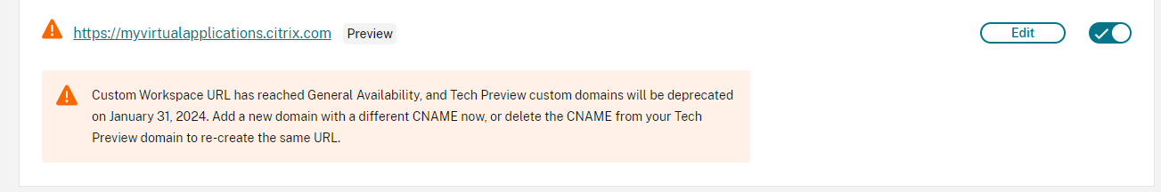 Illustration 2. Alert with deprecation date for the V1 Preview Version Of Custom Domain